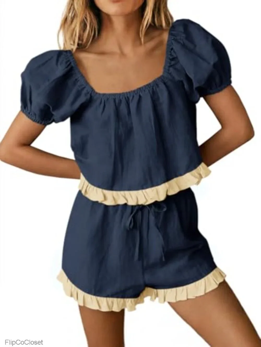 Women's Cotton 2 Piece Short Set Puff Sleeve Square Neck Summer Matching Outfit